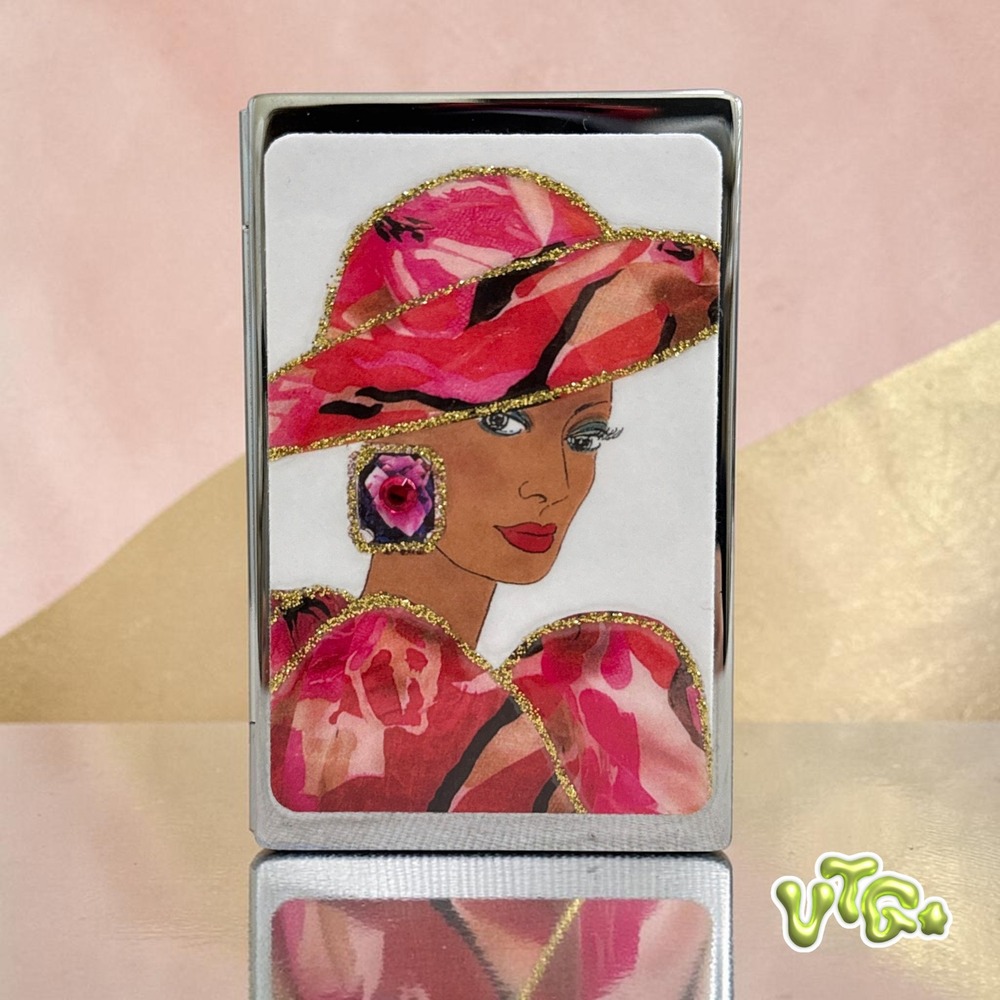 RARE VTG 80s/90s Glam Lady Lipstick‎ Case Compact Mirror Red Gold Rhinestone